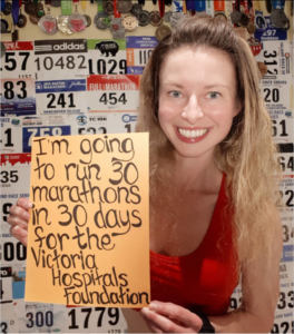 Yana Hempler, Runner & Fitness Coach, promising to run 30 marathons in 30 days to raise funds for the Victoria Hospitals Foundation (VHF)