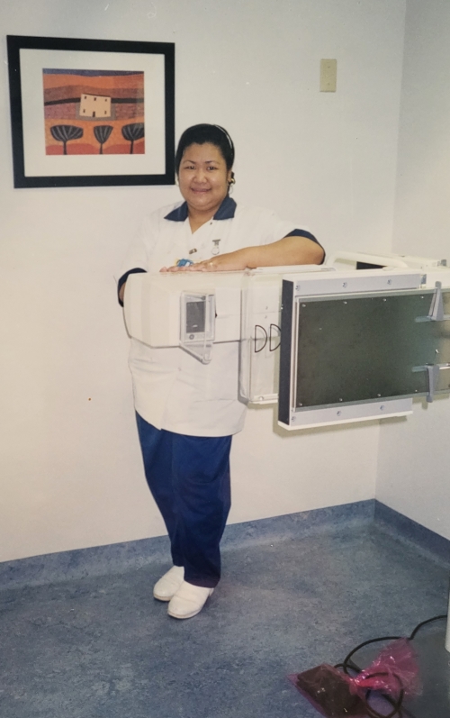 Ruby Manese at the beginning of her career with an early mammography machine at Victoria General Hospital (VGH)