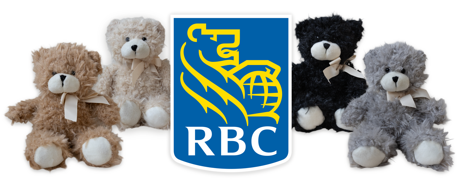 RBCRaffleBears_Visions_2026web Gold, White, Black, and Silver Raffle Bears for the 2026 Visions Gala with the logo of sponsor RBC