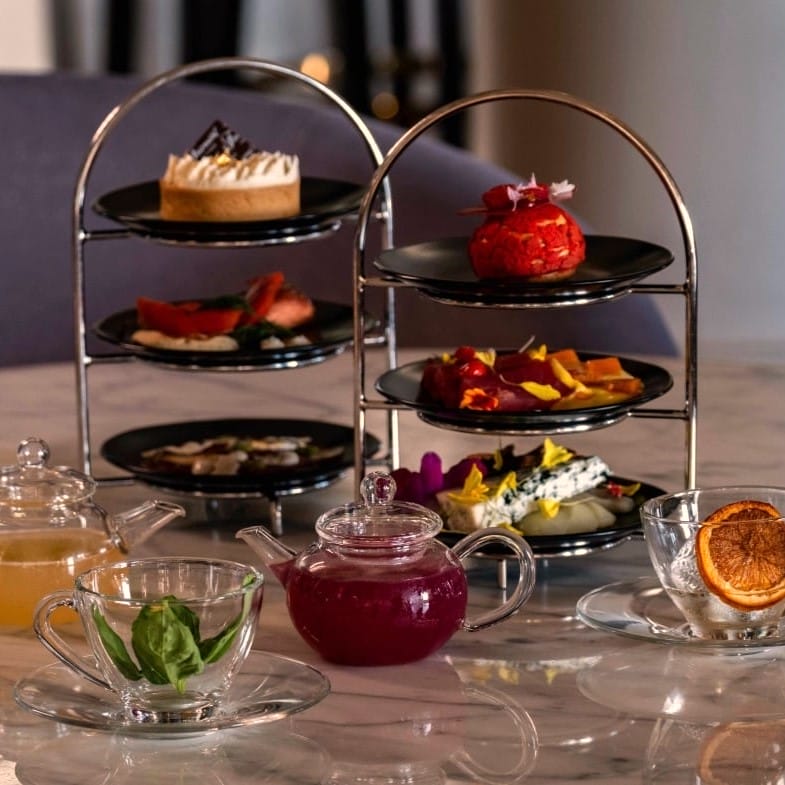 Tea Pots & Appetizers on a marble table