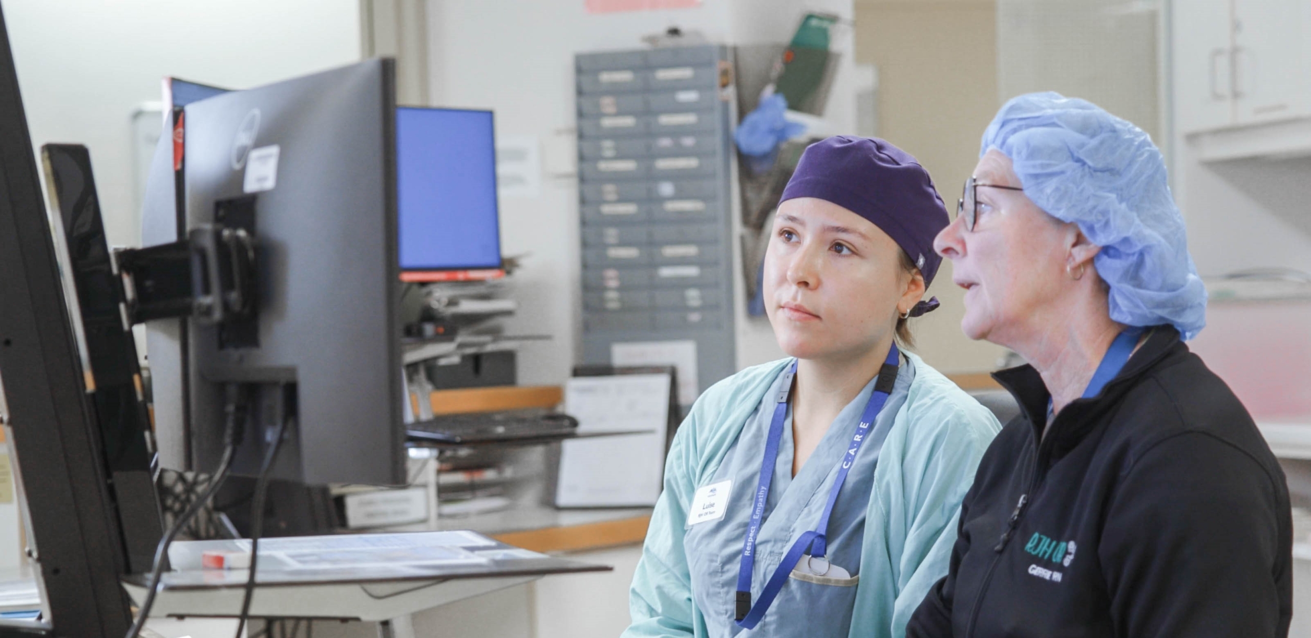 One nurse teaching another about something on a computer