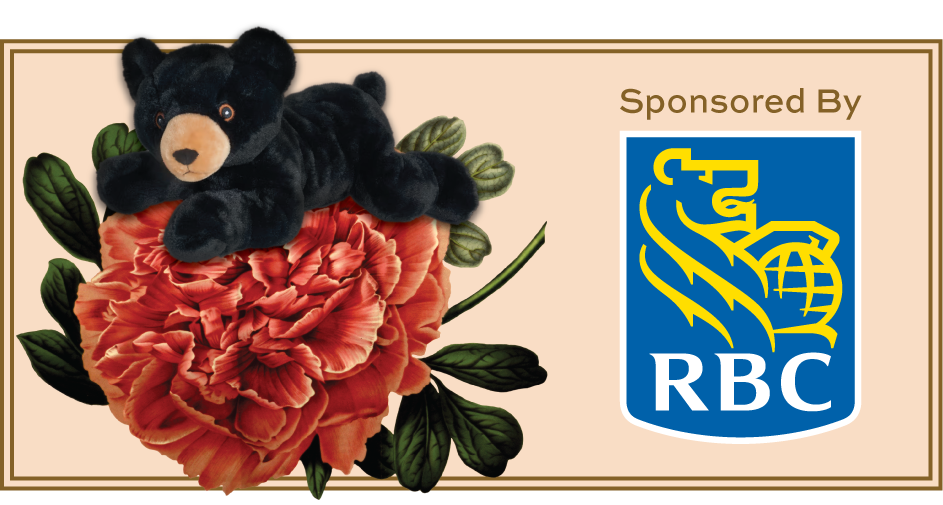 Miracle Raffle Bear riding a flower, next an image that says "Sponsored by RBC"