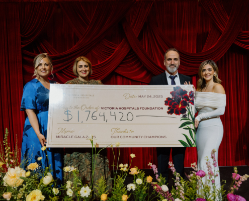 Avery Brohman, CEO, Victoria Hospitals Foundation, gynecologic oncologist Dr. Mona Mazgani, gynecologic oncologist Dr. Trevor Cohen, and Amy Ratcliff, Miracle Gala Chair holding a cheque from the miracle Gala at Royal Roads University for $1,764,420