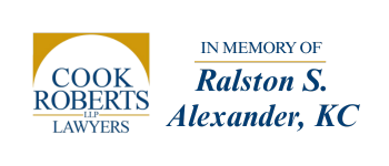 Cook Roberts LLP Lawyers logo with message: In memory of Ralston S Alexander, KC