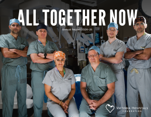 "All Together Now" Victoria Hospitals Foundation Annual Report Cover Surgeons Dr. Sohrab Khorasani, Dr. Cailan Macpherson, Dr. Mona Mazgani, Dr. Jeff McCracken, Dr. Greg Hosier, Dr. Sephr Khorasani, and several surgical nurses with the donor funded da Vinci surgical robot at Royal Jubilee Hospital