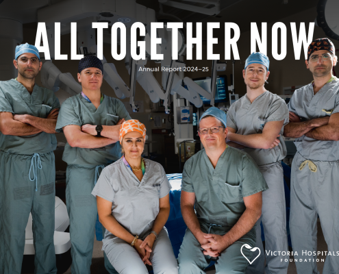 "All Together Now" Victoria Hospitals Foundation Annual Report Cover Surgeons Dr. Sohrab Khorasani, Dr. Cailan Macpherson, Dr. Mona Mazgani, Dr. Jeff McCracken, Dr. Greg Hosier, Dr. Sephr Khorasani, and several surgical nurses with the donor funded da Vinci surgical robot at Royal Jubilee Hospital