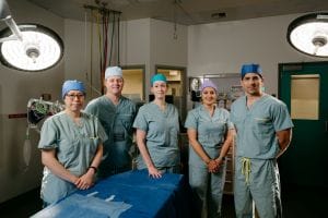 Pediatric Urologist Dr. Linda Lee, Division Head of Neurosurgery Dr. Dan Warren, General Surgeon Dr. Heather Emmerton-Coughlin, Gynecologic Oncologist Dr. Mona Mazgani, and General Surgeon Dr. Sepehr Khorasani at Victoria General Hospital
