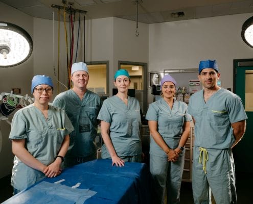 Pediatric Urologist Dr. Linda Lee, Division Head of Neurosurgery Dr. Dan Warren, General Surgeon Dr. Heather Emmerton-Coughlin, Gynecologic Oncologist Dr. Mona Mazgani, and General Surgeon Dr. Sepehr Khorasani at Victoria General Hospital