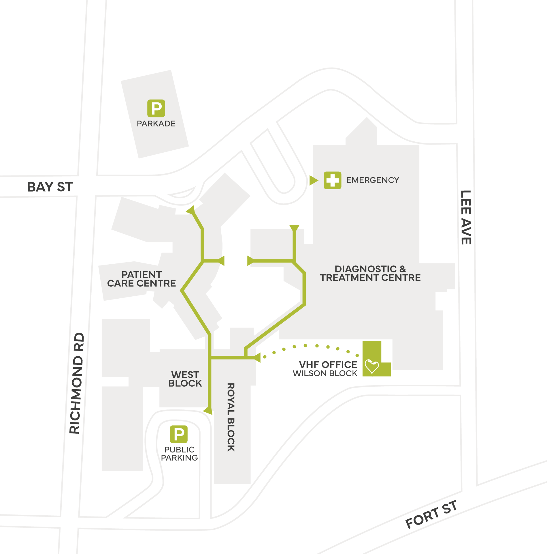 VHF Map Website Map of the Royal Jubilee Hospital (RJH) complex in Victoria BC showing the location of VHF's office at Wilson Block