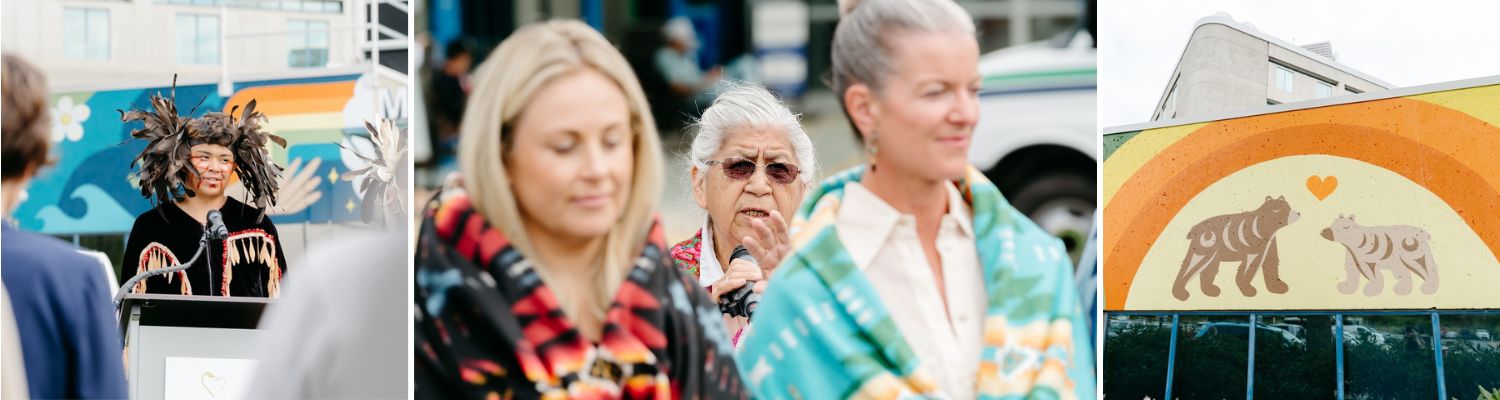 An Indigenous youth drummer, Elder May Sam blanketing Avery Brohman and Mandy Farmer, and The Victoria General Mural, featuring a mother and baby bear, symbolizing the women's health, maternity, and pediatrics wards at the hospital