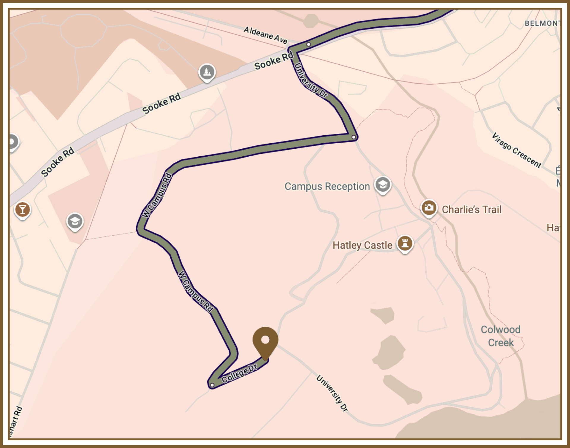 Map of Royal Roads University showing the route to Dogwood Auditorium