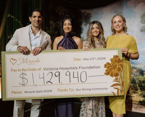 Physician Speaker Dr. Sepehr Khorasani (left), Patient Speaker Shaveeta Jnagal, Gala Chair Amy Ratcliff, and Foundation CEO Avery Brohman hold the cheque for the evening's total_ $1,429,940, at Royal Roads University