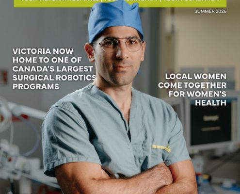 Cover of the spring 2026 VHF Newsletter featuring Colorectal Surgeon Dr. Sepehr Khorasani at Victoria General Hospital