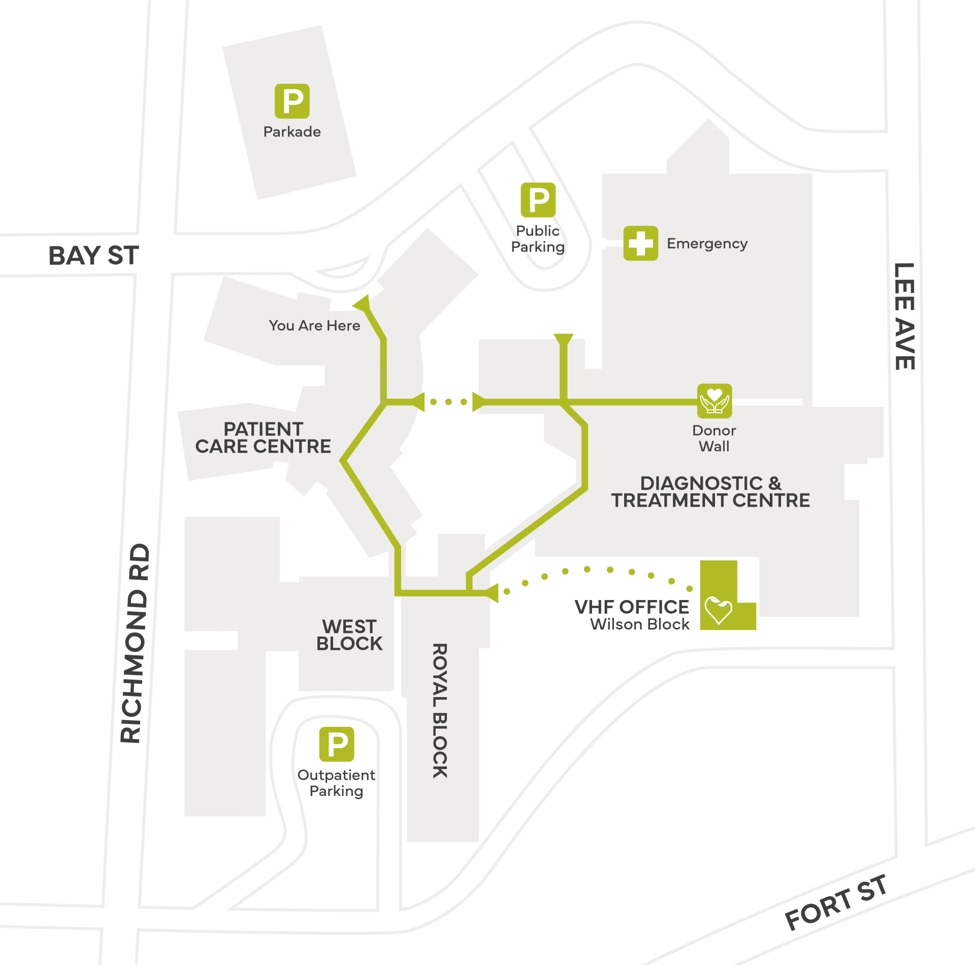 RJH Map VHFWayfinding Map of the Royal Jubilee Hospital Campus with Directions to the Victoria Hospitals Foundation offices, located in Wilson Block