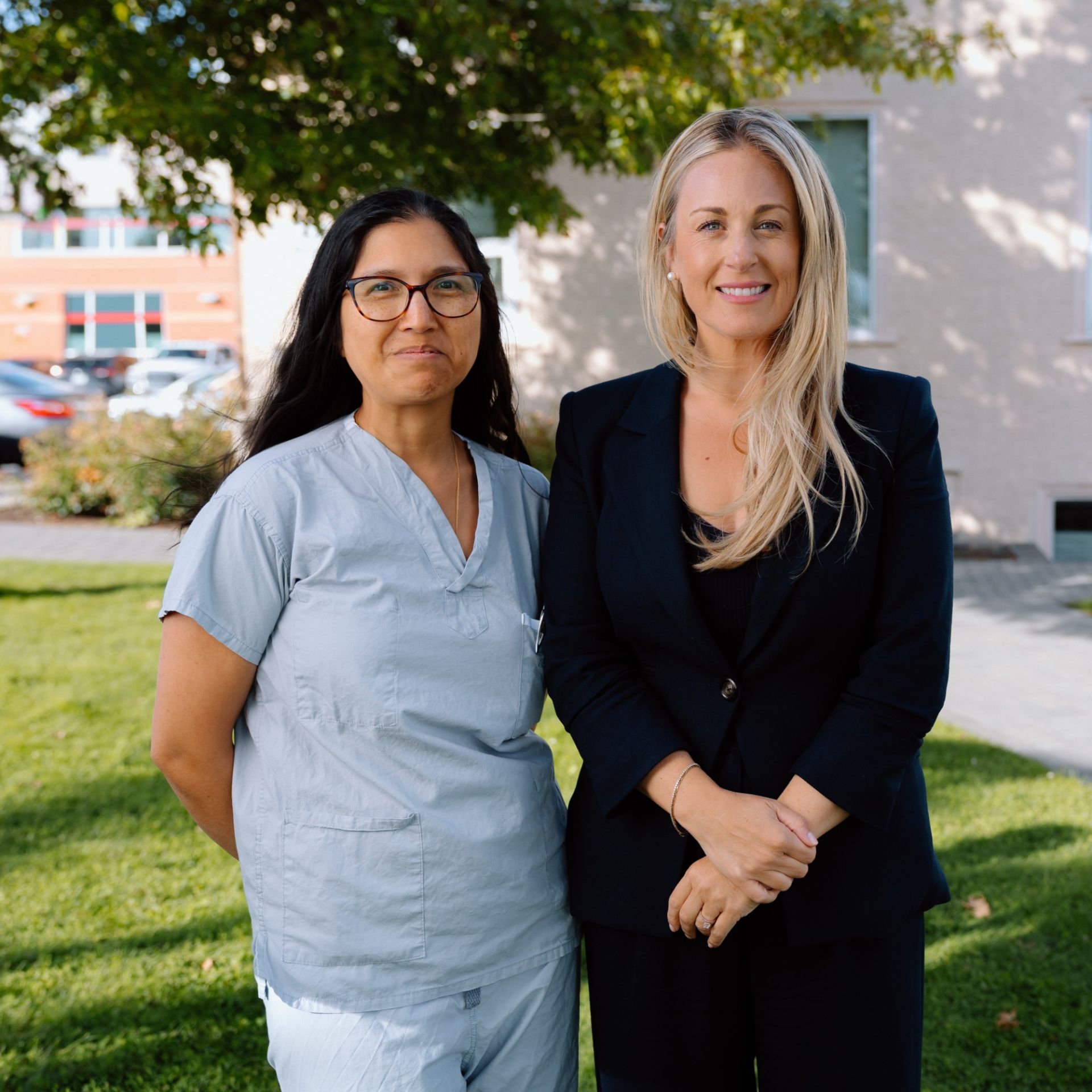 Head of Surgery Dr. Nadra Ginting and Victoria Hospitals Foundation CEO Avery Brohman outside of Royal Jubilee Hospital (RJH)